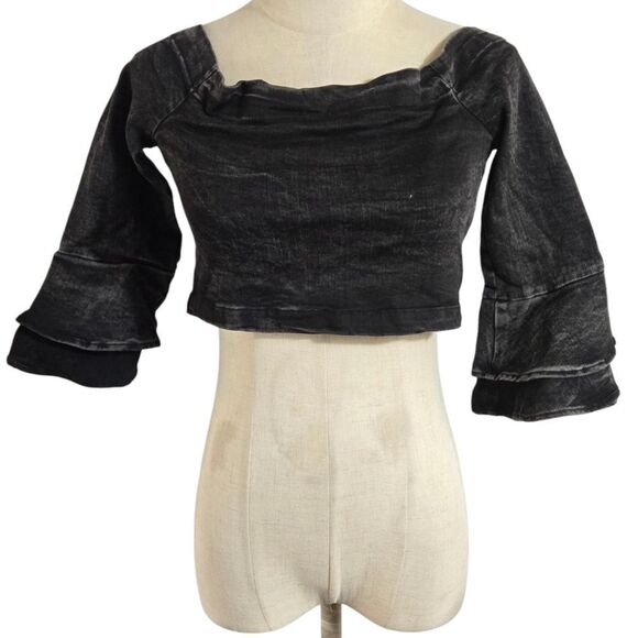 Zara Premium Washed Denim Black Ruffled Women's Crop Top NWT - Picture 3 of 11